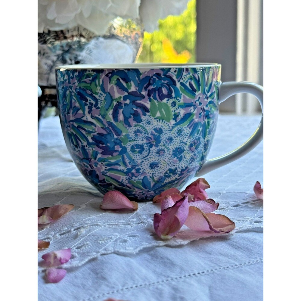 Lilly Pulitzer Set 2 Mugs Blue Green Floral Tropical Print Preppy Coastal Cups - Picture 16 of 16